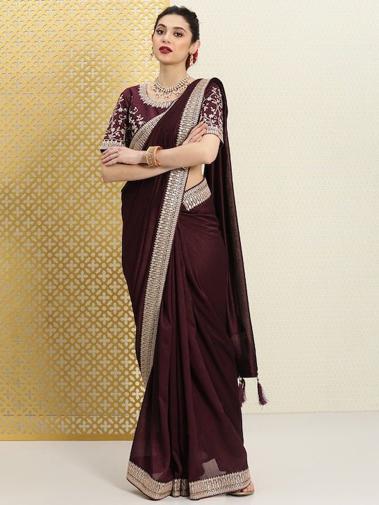 Burgundy & Gold-Toned Sequinned Silk Blend Saree
