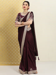 Burgundy & Gold-Toned Sequinned Silk Blend Saree
