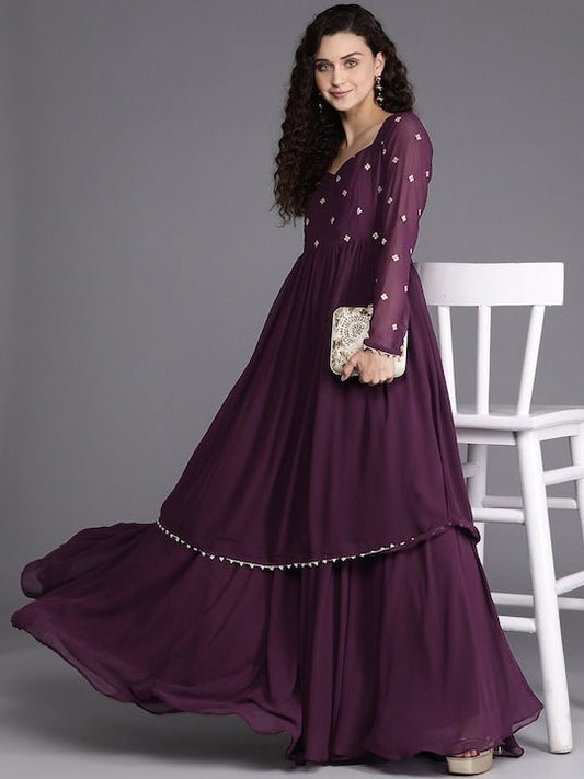 Burgundy Zari Embroidered Georgette Ethnic Gown - Inddus.com