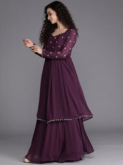 Burgundy Zari Embroidered Georgette Ethnic Gown - Inddus.com
