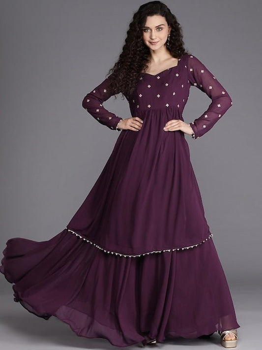 Burgundy Zari Embroidered Georgette Ethnic Gown - Inddus.com