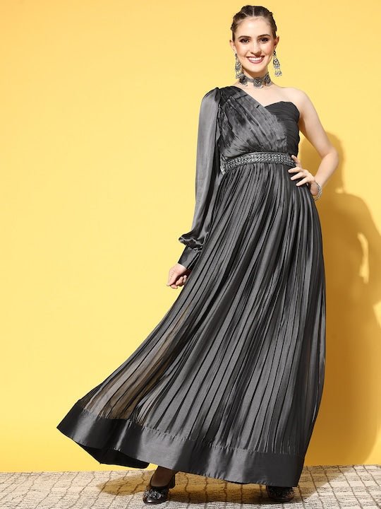 Charcoal Grey Pleated One Shoulder Gown with Belt - Inddus.com