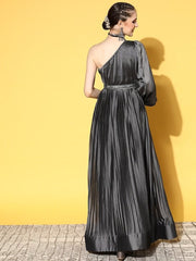 Charcoal Grey Pleated One Shoulder Gown with Belt - Inddus.com