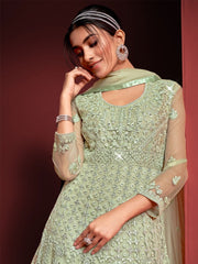 Charming Pista Green Net Festive Gown - Inddus.com