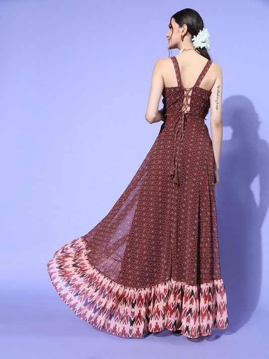 Charming Women Brown Trible Printed Top & Skirt - Inddus.com