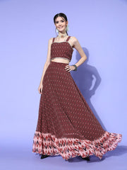 Charming Women Brown Trible Printed Top & Skirt - Inddus.com