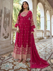 Cherry Red Georgette Partywear Anarkali-Suit - Inddus.com