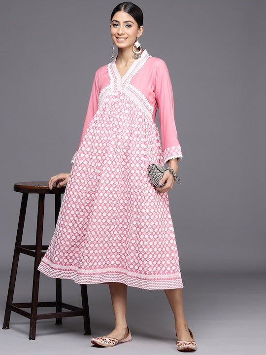 Chikankari Embroidered A-line Midi Dress - Inddus.com