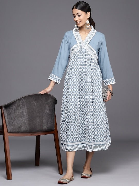 Chikankari Embroidered A-Line Midi Dress - Inddus.com
