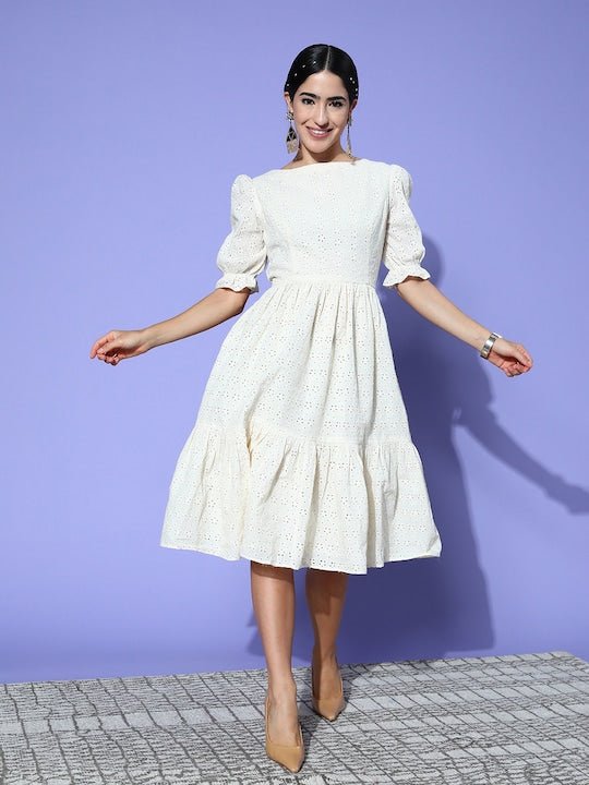 Chikankari Embroidered Midi Dress - Inddus.com