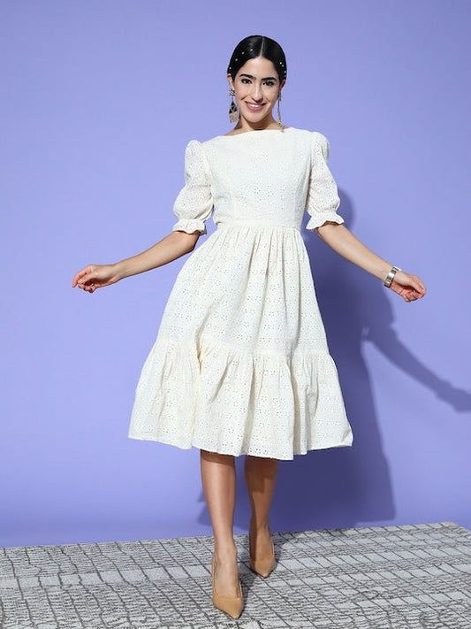Chikankari Embroidered Midi Dress - Inddus.com