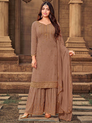 Chikoo Georgette Embroidered Festive Palazzo Suit - Inddus.com