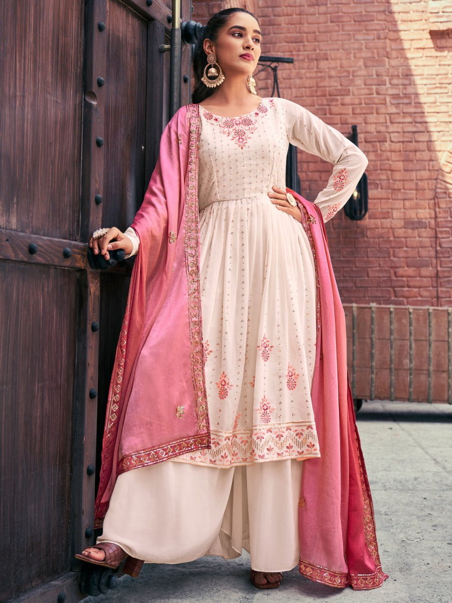 Chikoo Georgette Partywear Palazzo-Suit - Inddus.com