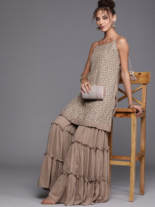 ChikooChikankari Embroidered Kurta with Sharara - Inddus.com