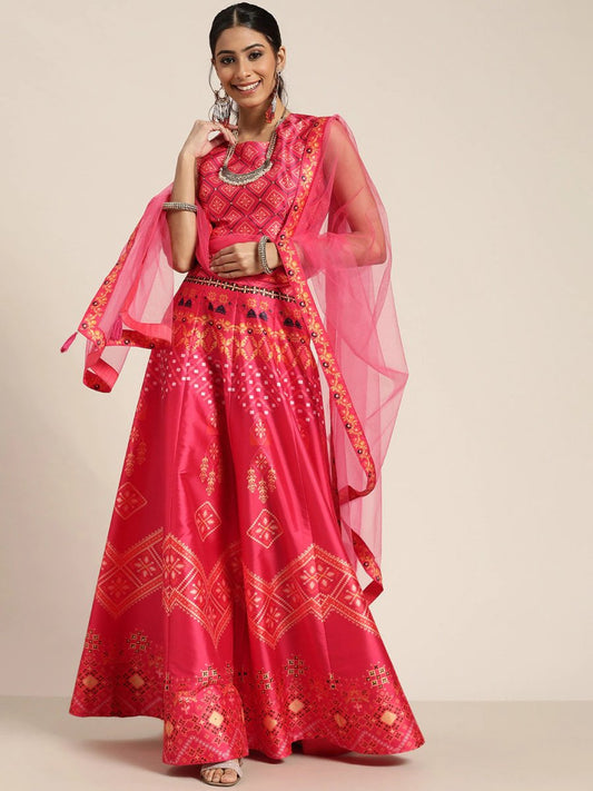 Coral Pink Patola Print Semistitched Lehenga with Unstitched Blouse & Dupatta - Inddus.com