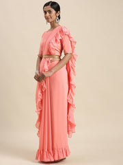 Coral Pink Sold Ruffled Saree - Inddus.com