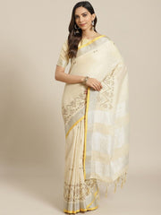 Cotton Blend Beige Traditional Saree - inddus-us