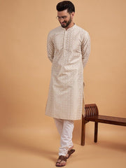 Cream-Coloured Ethnic Motif Embroidered Chikankari Straight Kurta - Inddus.com