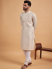 Cream-Coloured Ethnic Motif Embroidered Chikankari Straight Kurta - Inddus.com