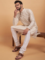 Cream-Coloured Ethnic Motif Embroidered Chikankari Straight Kurta - Inddus.com