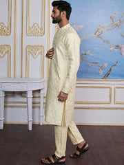 Cream-Coloured Ethnic Motifs Woven Design Kurta with Trousers - Inddus.com