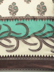 Cream-Coloured & Green Silk Blend Woven Design Saree - Inddus.com