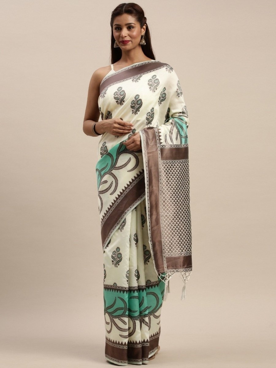 Cream-Coloured & Green Silk Blend Woven Design Saree - Inddus.com