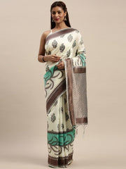 Cream-Coloured & Green Silk Blend Woven Design Saree - Inddus.com