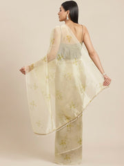 Cream-Coloured & Yellow Organza Floral Printed Saree - Inddus.com