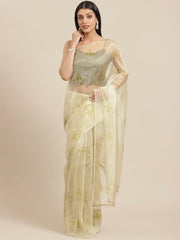 Cream-Coloured & Yellow Organza Floral Printed Saree - Inddus.com