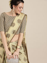 Cream Cotton Blend Woven Design Party Wear Traditional Saree - inddus-us