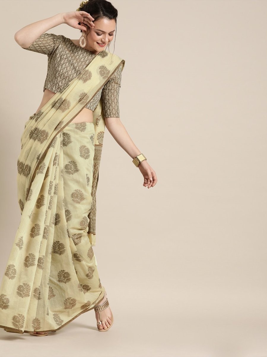 Cream Cotton Blend Woven Design Party Wear Traditional Saree - inddus-us