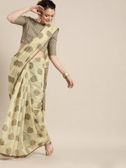 Cream Cotton Blend Woven Design Party Wear Traditional Saree - inddus-us