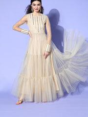 Cream Embroidered tered Gown - Inddus.com