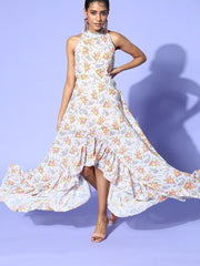 Cream Floral Printed High-Low Ruffled Dress - Inddus.com