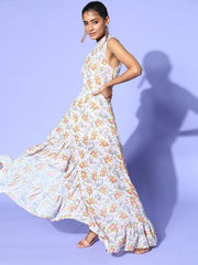 Cream Floral Printed High-Low Ruffled Dress - Inddus.com