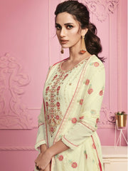 Cream Georgette Embroidered Straight Cut Suit - inddus-us