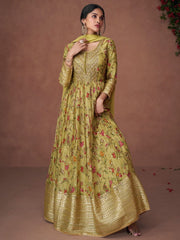 Cream Georgette Partywear High-Slit-Style-Suit with Pant - Inddus.com