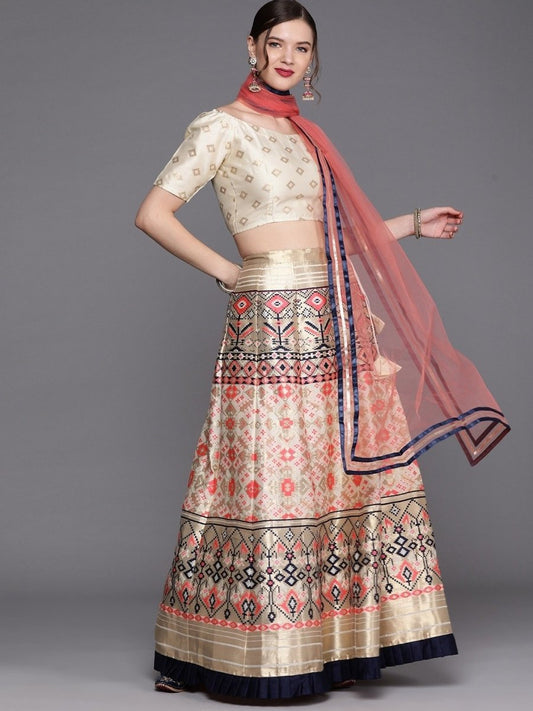 Cream Golden Woven SemiStitched Lehenga with Woven Blouse and Dupatta - inddus-us