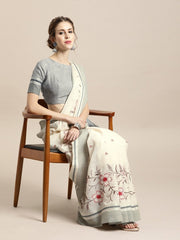 Cream Linen Blend Embroidered Party Wear Traditional Saree - inddus-us