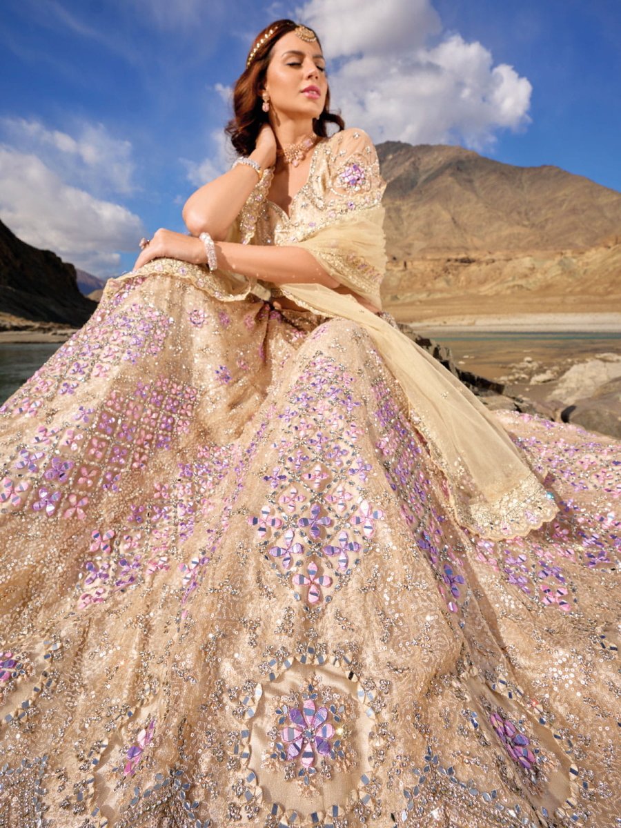 Cream Net Embroidered Lehenga Choli - Inddus.com