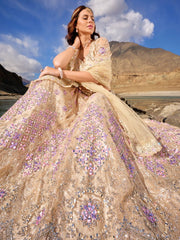 Cream Net Embroidered Lehenga Choli - Inddus.com