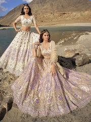 Cream Net Embroidered Lehenga Choli - Inddus.com