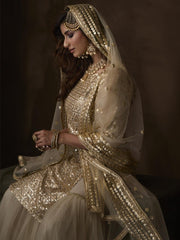 Cream Net Embroidered Partywear Sharara Suit - inddus-us