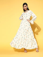 Cream Polyester Partywear Floral Dresses - Inddus.com