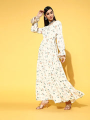 Cream Polyester Partywear Floral Dresses - Inddus.com