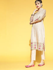 Cream Sequinned Embroidered Kurta with Pants and Net Dupatta - Inddus.com
