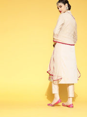 Cream Sequinned Embroidered Kurta with Pants and Net Dupatta - Inddus.com
