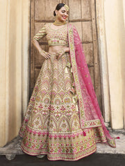 Cream Velvet Embroidered Lehenga Choli - Inddus.com