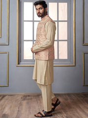 Cream Woven Design Mandarin Collar Nehru Jacket - Inddus.com